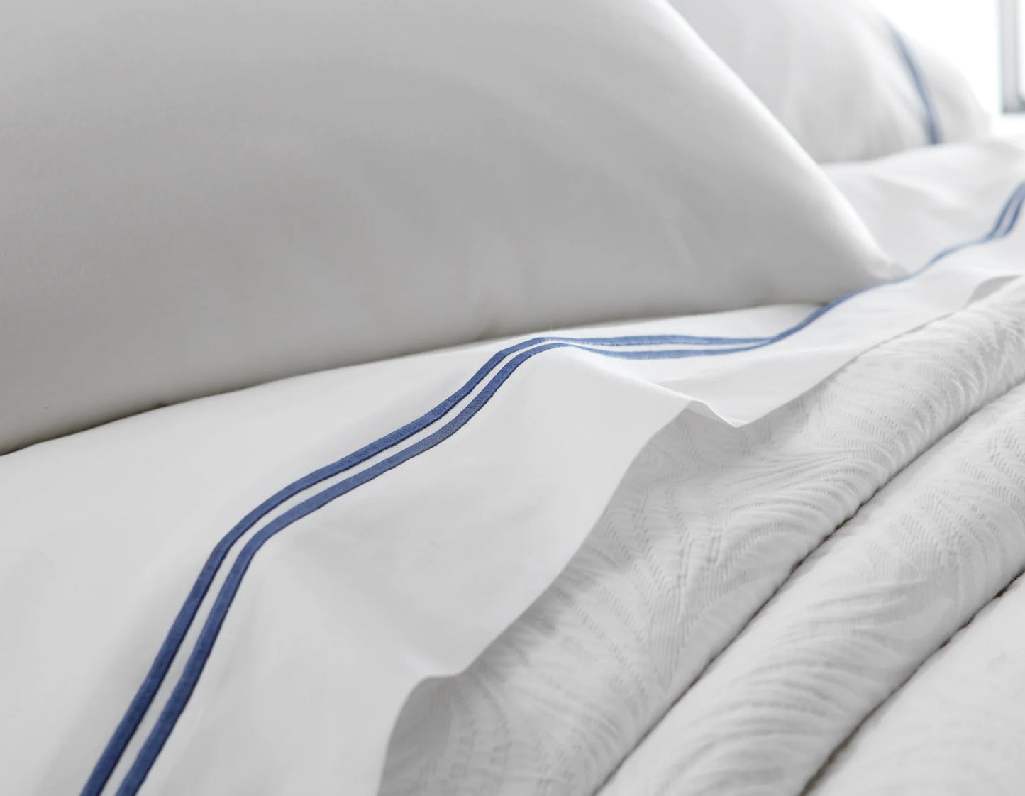 Last Mango Queen Sheet Set – White/Navy Double Border | 200TC Cotton Percale