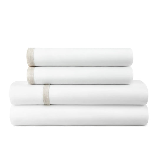 Jimmy B Queen Sheet Set – White with Natural Border Flange | 200TC Cotton Percale
