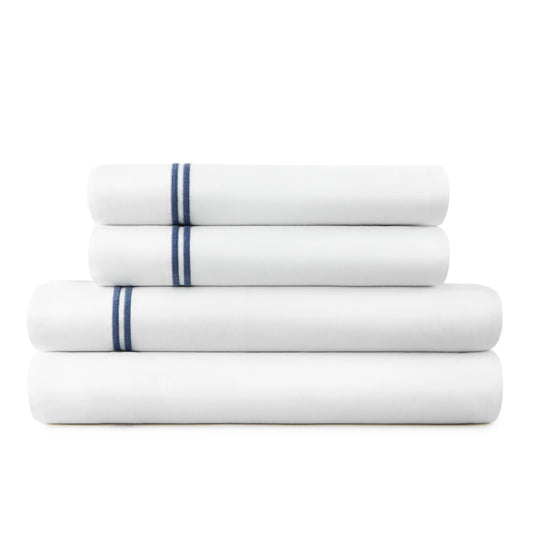 Last Mango Queen Sheet Set – White/Navy Double Border | 200TC Cotton Percale