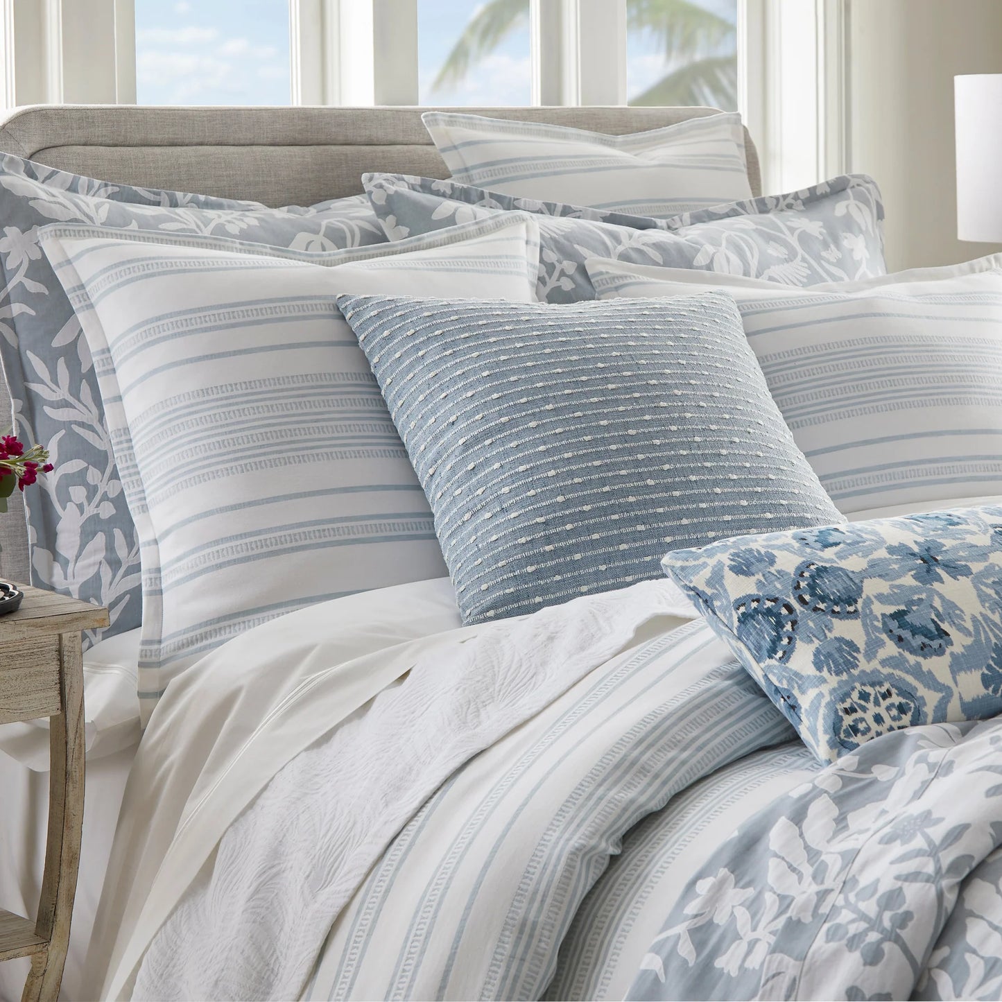 Saltwater Queen Duvet Set – White & Pale Blue Cotton | 1 Queen Duvet Cover + 2 Euro Shams | Inserts Not Included