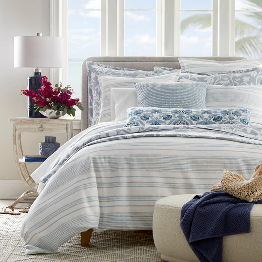 Saltwater Queen Duvet Set – White & Pale Blue Cotton | 1 Queen Duvet Cover + 2 Euro Shams | Inserts Not Included